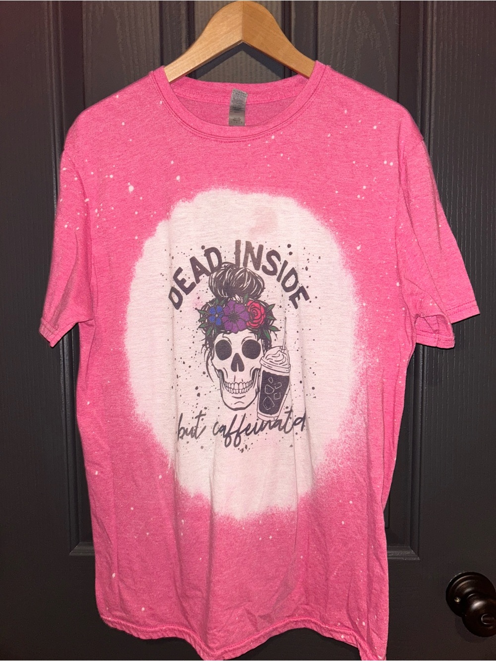 Gildan Pink Bleach-Effect Graphic Tee with Skull & Floral Accents